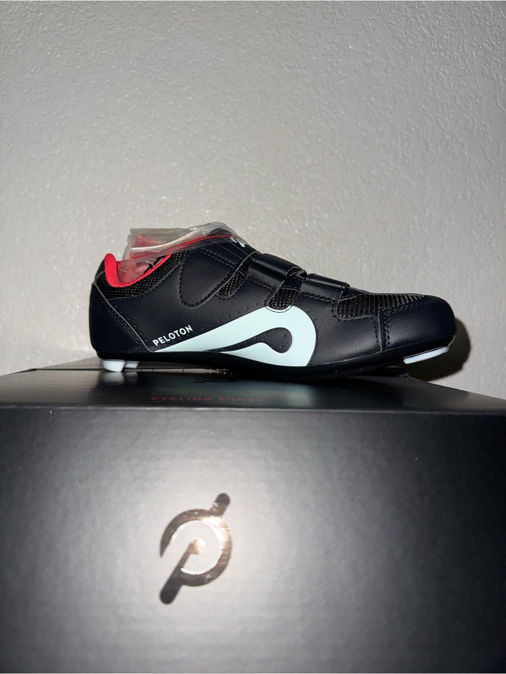 Peloton Black Cycling Shoe with White Logo and Red Lining